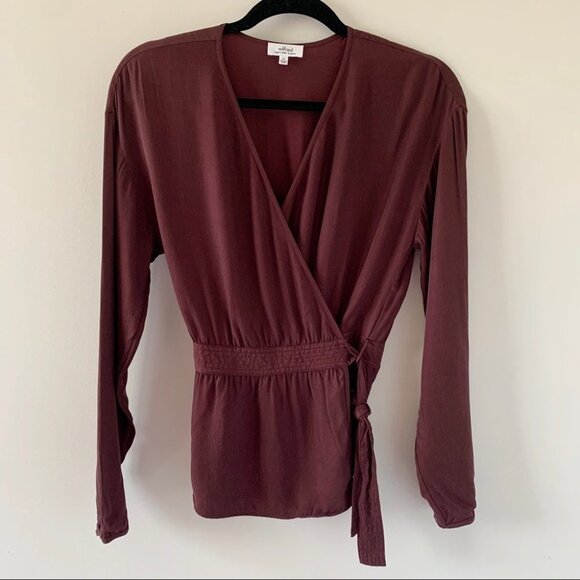 Aritzia Wilfred Anemone Blouse Wrap Tie Up Belted V-neck Truffle Maroon Size XS - Picture 2 of 16